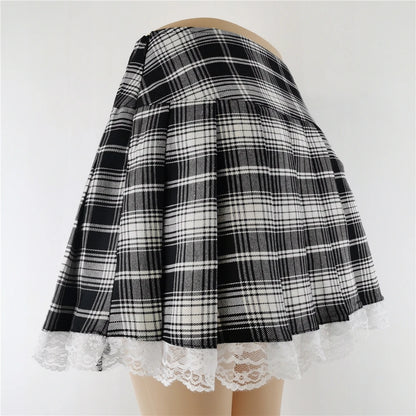 New Contrast Lace Plaid Pleated Skirt Vintage Sexy Skater Clothes Harajuku Gothic Punk England Style Y2k Skirt