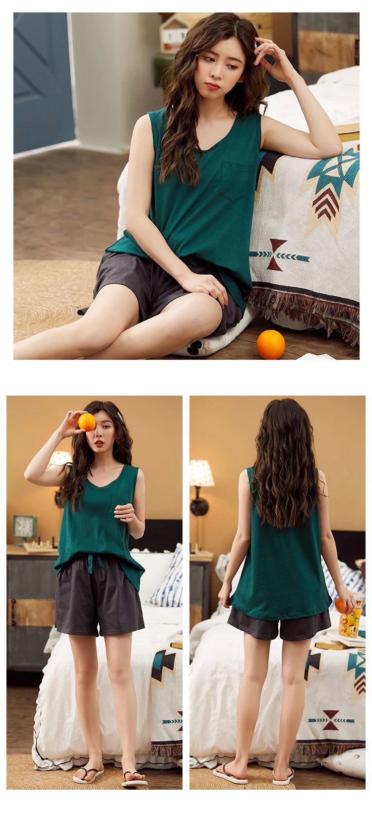 Women Pajamas Set Summer Sexy Sleepwear Sleeveless Lingerie Cotton O-Neck Pure Color Vest + Print Shorts 2 Piece Sets 4XL пижама