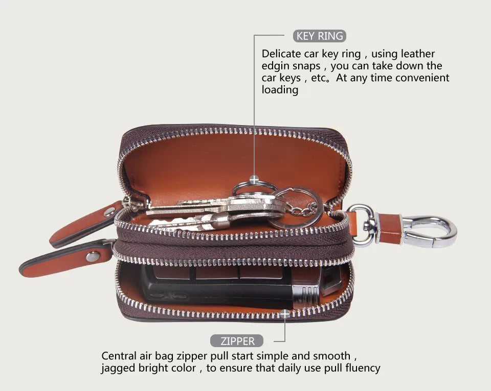 CONTACT'S Classic New Double Zip Men's Genuine Cow Leather Car Key Holder Multifunction Housekeeper High Class Motor Key Case