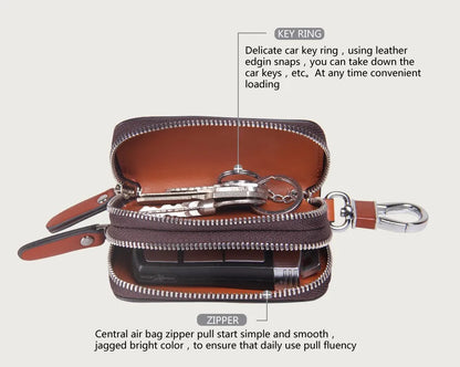 CONTACT'S Classic New Double Zip Men's Genuine Cow Leather Car Key Holder Multifunction Housekeeper High Class Motor Key Case