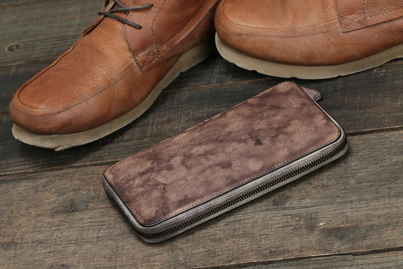 Vintage Genuine leather wallet Men leather long wallet men purse clutch bag male money clips zip around money bag card holder