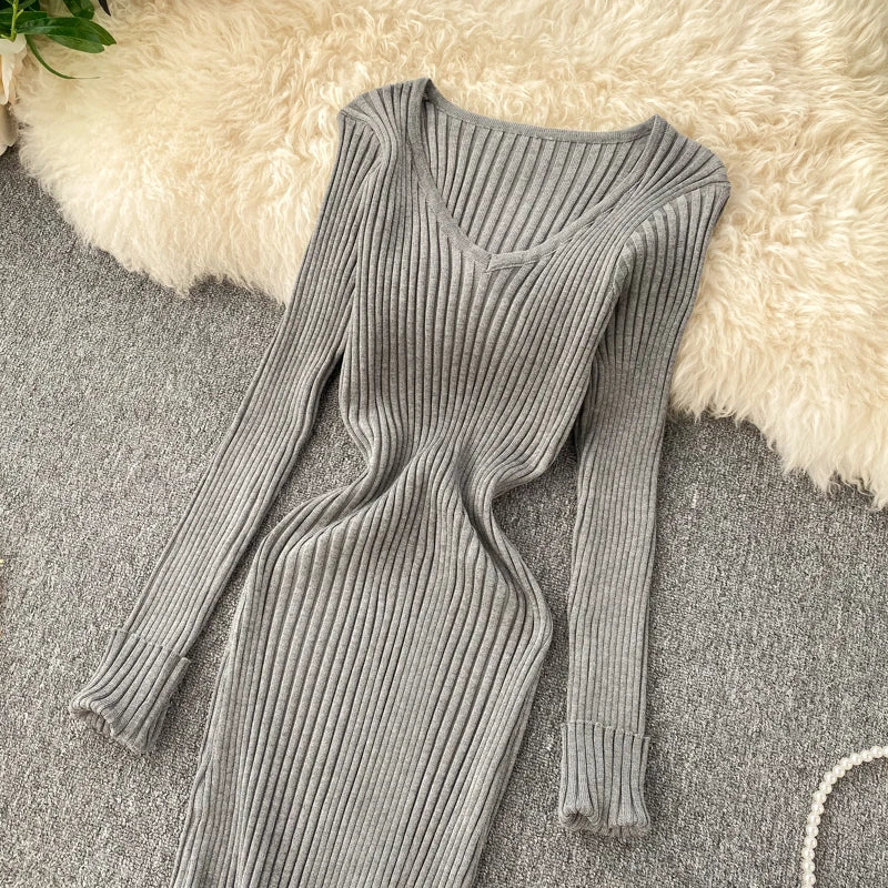 SINGRAIN Women Autumn Knitted Dress V Neck Sexy Slim Elastic Oversized Basic Bodycon Long Dress Winter knit Warm Sweater Dresses