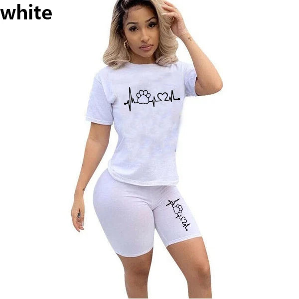 Summer Women Two Piece Set Sportswear T-Shirts and Shorts Ladies Casual O-Neck Pullover Short Sleeve T-Shirt Casual Tracksuit White 1