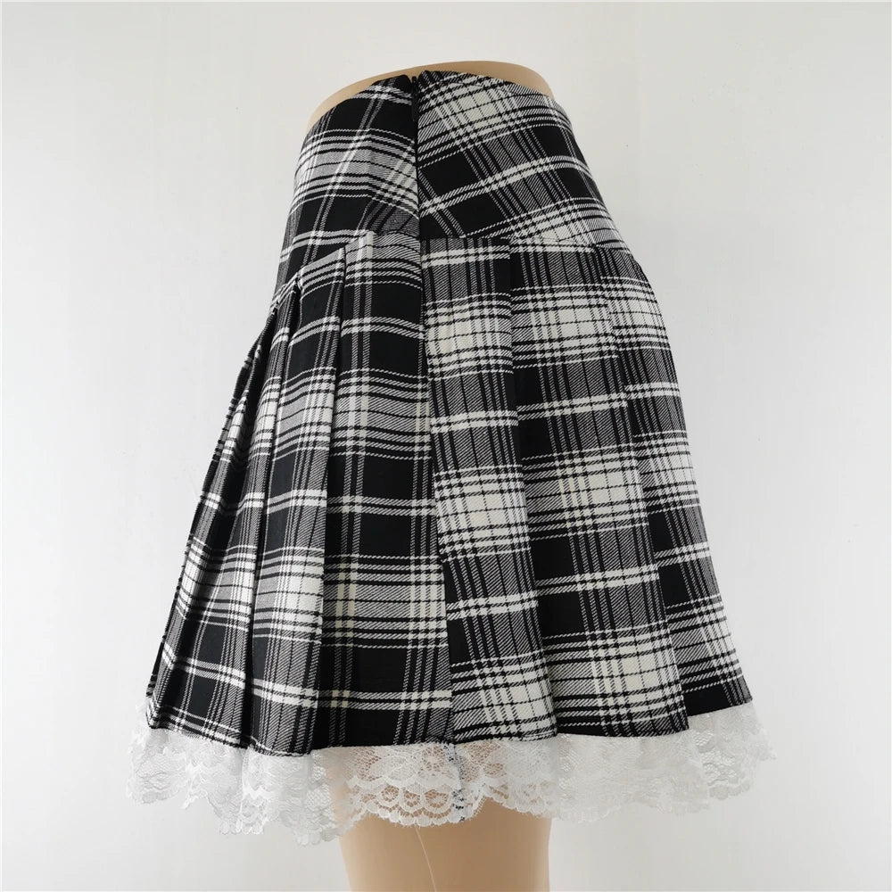 New Contrast Lace Plaid Pleated Skirt Vintage Sexy Skater Clothes Harajuku Gothic Punk England Style Y2k Skirt