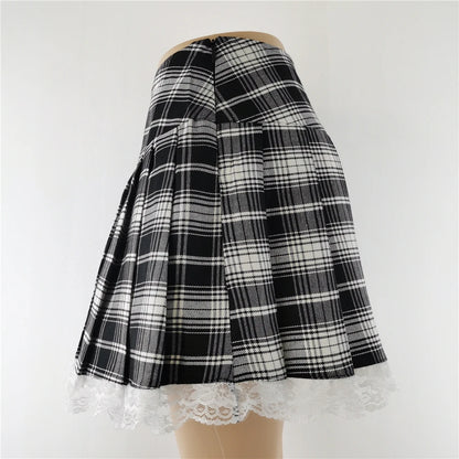 New Contrast Lace Plaid Pleated Skirt Vintage Sexy Skater Clothes Harajuku Gothic Punk England Style Y2k Skirt