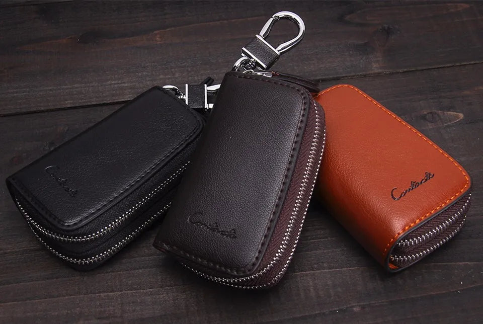 CONTACT'S Classic New Double Zip Men's Genuine Cow Leather Car Key Holder Multifunction Housekeeper High Class Motor Key Case