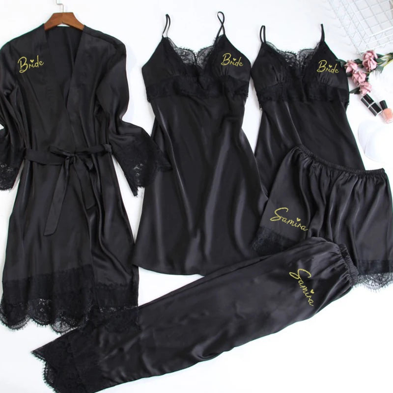 Personalized name Women Kimono Bathrobe Bride Bridesmaid Wedding Robe Set Lace Trim Sleepwear Casual Home Clothes Nightwear black 5pcs set