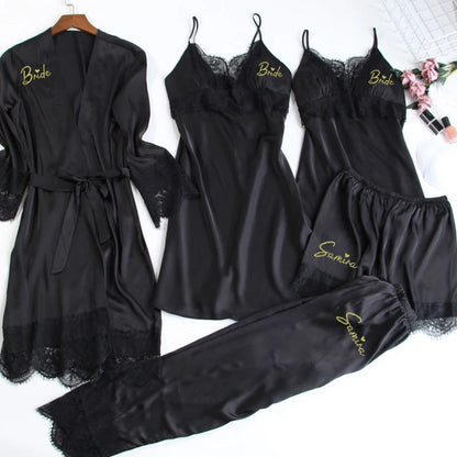 Personalized name Women Kimono Bathrobe Bride Bridesmaid Wedding Robe Set Lace Trim Sleepwear Casual Home Clothes Nightwear black 5pcs set