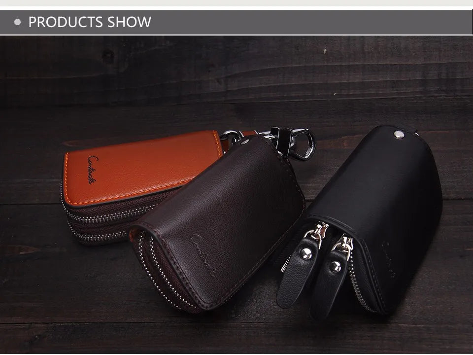 CONTACT'S Classic New Double Zip Men's Genuine Cow Leather Car Key Holder Multifunction Housekeeper High Class Motor Key Case