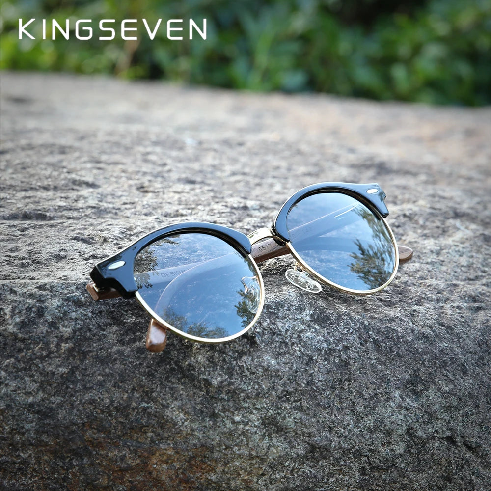 KINGSEVEN Handmade High Quality Black Walnut Wood Sunglasses Men Women Polarized Mirror Sun Glasses Male UV400 Shades Oculos