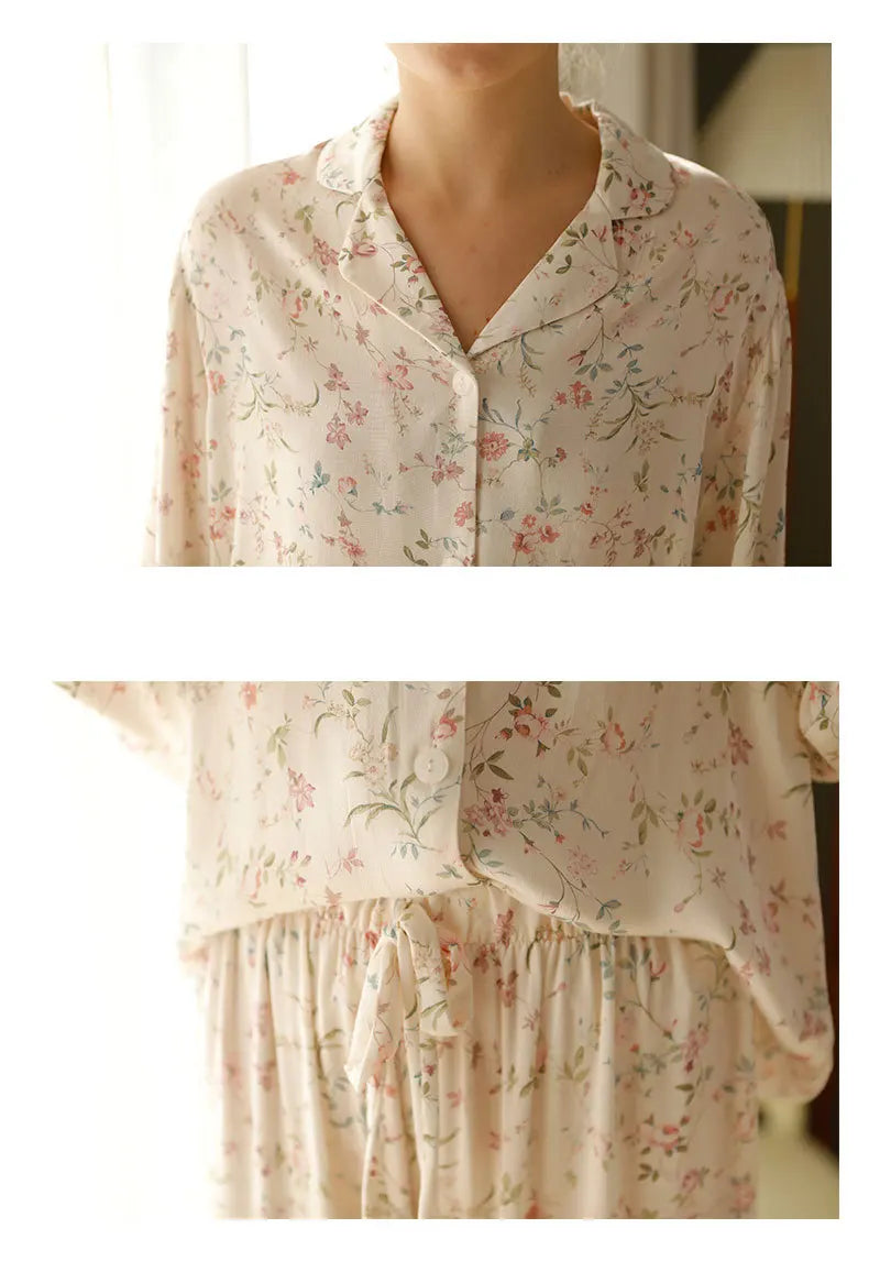 Pre-sale 2024 Spring Satin Pajamas Long Sleeve Viscose Sleepwear Willow Leaf Print Lounge Wear Two Piece Pijama Set Pijama Mujer