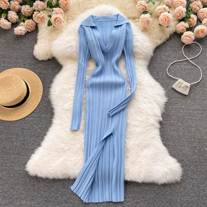 SINGREINY Women Korean Knitted Dress Long Sleeve V Neck Elastic Slim Pencil Dresses 2021 Autumn Sexy Bodycon Split Sweater Dress
