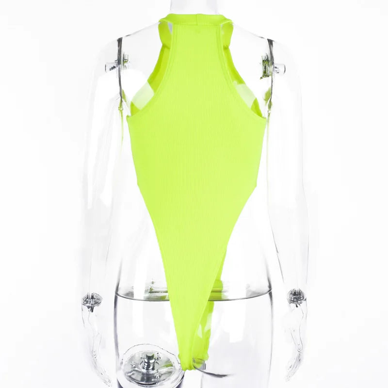 Sexy High Street Bodycon Neon Bodysuits Summer Colorful Sleevelss Backless Ftness Outfit Club Party Jumpsuit Combinaison Femme green