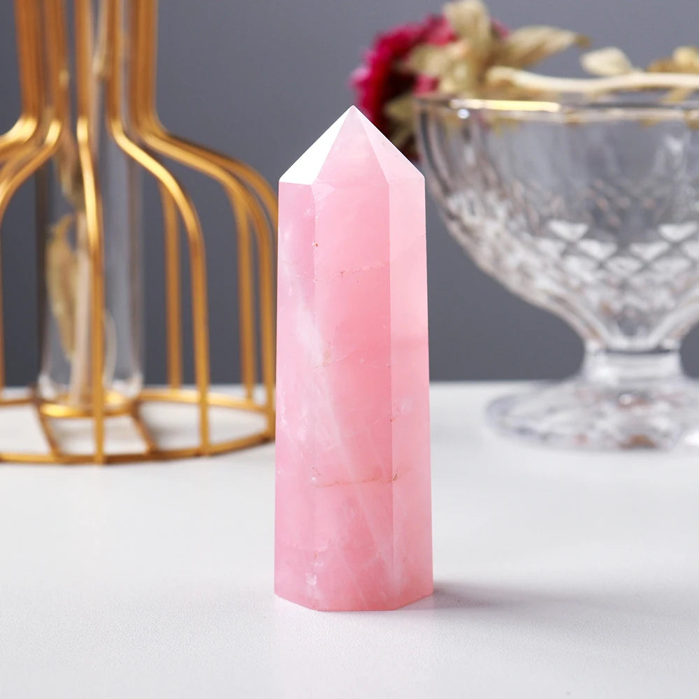 Natural Pink Crystal Point Rose Quartz Crystal hexagonal prism ornament magic wand Healing Gemstone Crystal Tower Badiee Stylez