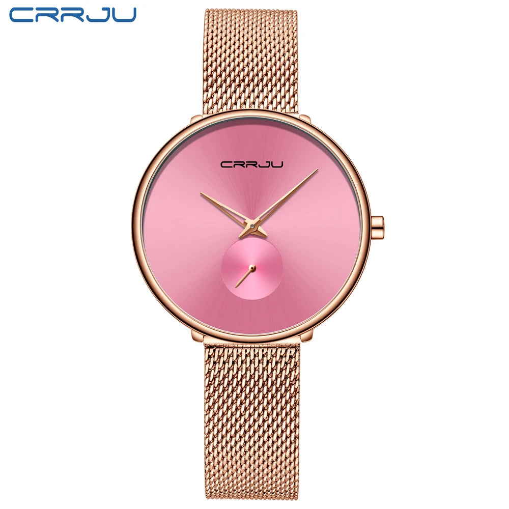 CRRJU 2165 Beautiful Design Watches Women Fashion Casual Steel Mesh Wristwatch Ladies Watch Female Clock Women's Quartz Watch rose Pink