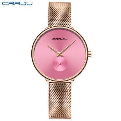 CRRJU 2165 Beautiful Design Watches Women Fashion Casual Steel Mesh Wristwatch Ladies Watch Female Clock Women's Quartz Watch rose Pink