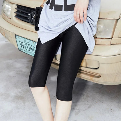 lady summer short pants women solid black shine breathable above knee short capris korean skinny neon pant