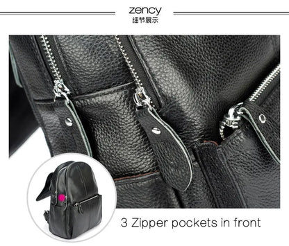 Zency Genuine Leather Women Backpack High Quality Large Capacity Travel Bag Knapsack Schoolbag Shoulder For Ladies Beige Black