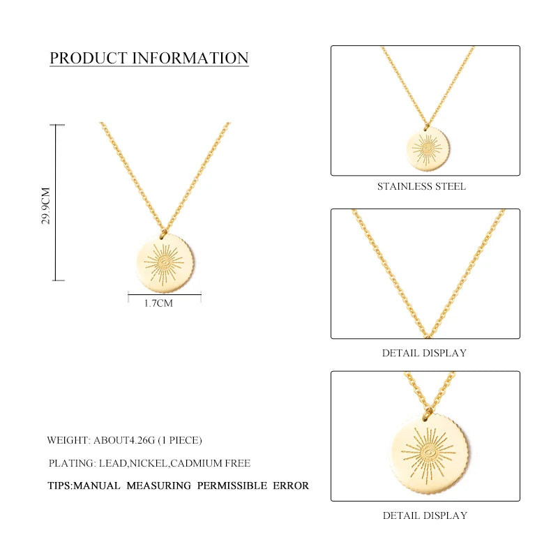 Gold Plated New Women Stainless Steel Necklace Round Disc Pendant With Eyes Pattern Clavicle Necklace Wedding Jewelry Wholesale