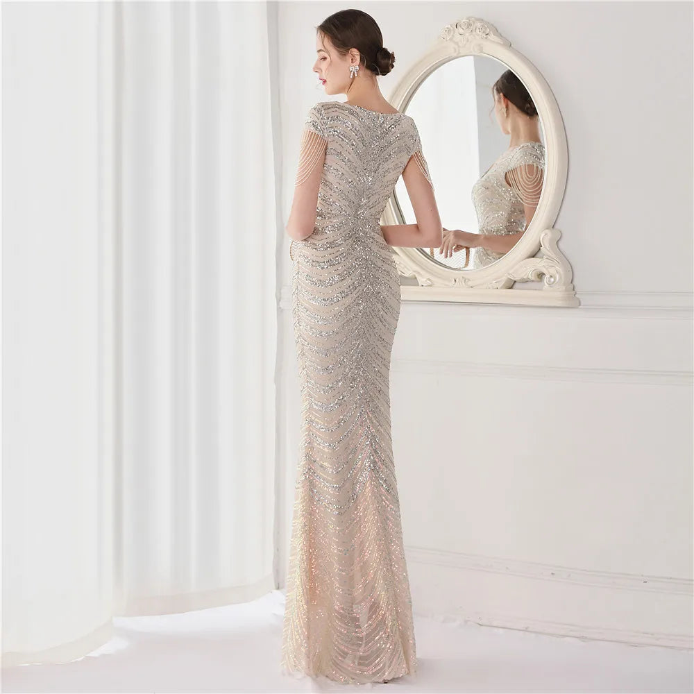 DEERVEADO Elegant V Neck Mermaid Evening Dress Long Luxury Beads Women Evening Party Dresses 2025 New Formal Dress 19085 Badiee Stylez