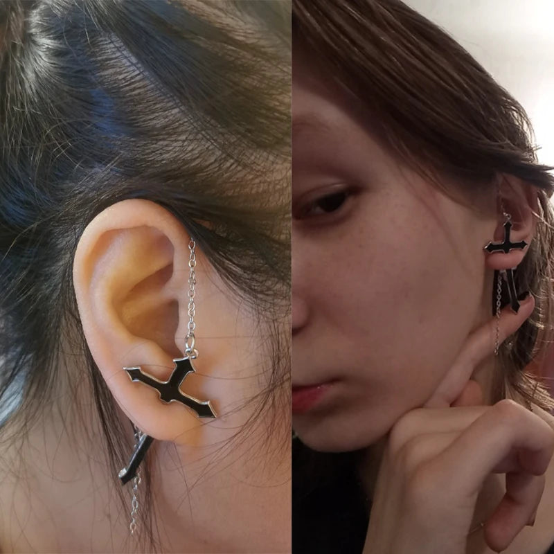 2Pcs Vintage Black Cross Earrings Punk Goth Long Chain Harajuku Streetwear Unisex Stud Earrings For Women Men Korean Jewelry Badiee Stylez