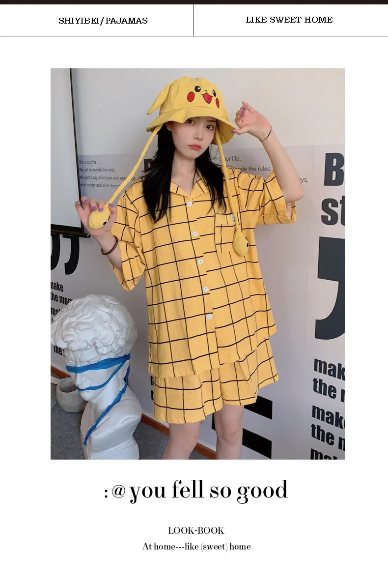 Women's Pyjamas Cute Lattice Print Pajama Sets Summer Casual Short Sleeve Couple Sleepwear Thin Cotton Home Maiden 2-piece Set