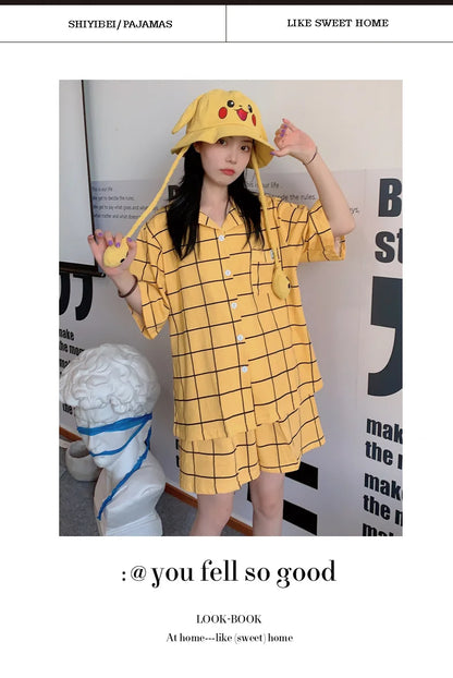 Women's Pyjamas Cute Lattice Print Pajama Sets Summer Casual Short Sleeve Couple Sleepwear Thin Cotton Home Maiden 2-piece Set