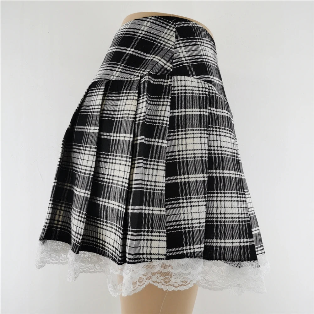 New Contrast Lace Plaid Pleated Skirt Vintage Sexy Skater Clothes Harajuku Gothic Punk England Style Y2k Skirt