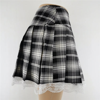 New Contrast Lace Plaid Pleated Skirt Vintage Sexy Skater Clothes Harajuku Gothic Punk England Style Y2k Skirt