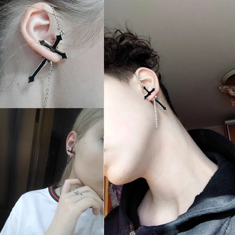 2Pcs Vintage Black Cross Earrings Punk Goth Long Chain Harajuku Streetwear Unisex Stud Earrings For Women Men Korean Jewelry Badiee Stylez