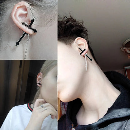2Pcs Vintage Black Cross Earrings Punk Goth Long Chain Harajuku Streetwear Unisex Stud Earrings For Women Men Korean Jewelry Badiee Stylez