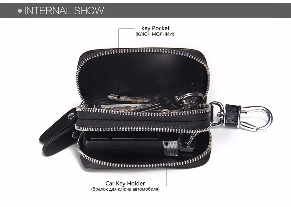 CONTACT'S Classic New Double Zip Men's Genuine Cow Leather Car Key Holder Multifunction Housekeeper High Class Motor Key Case