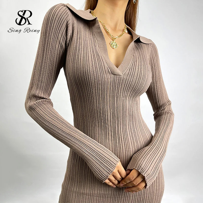 SINGREINY Women Korean Knitted Dress Long Sleeve V Neck Elastic Slim Pencil Dresses 2021 Autumn Sexy Bodycon Split Sweater Dress