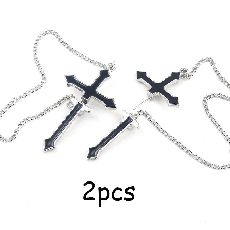 2Pcs Vintage Black Cross Earrings Punk Goth Long Chain Harajuku Streetwear Unisex Stud Earrings For Women Men Korean Jewelry Badiee Stylez