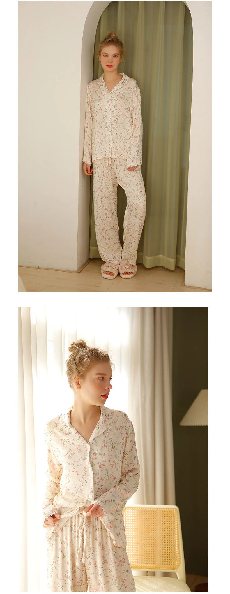 Pre-sale 2024 Spring Satin Pajamas Long Sleeve Viscose Sleepwear Willow Leaf Print Lounge Wear Two Piece Pijama Set Pijama Mujer