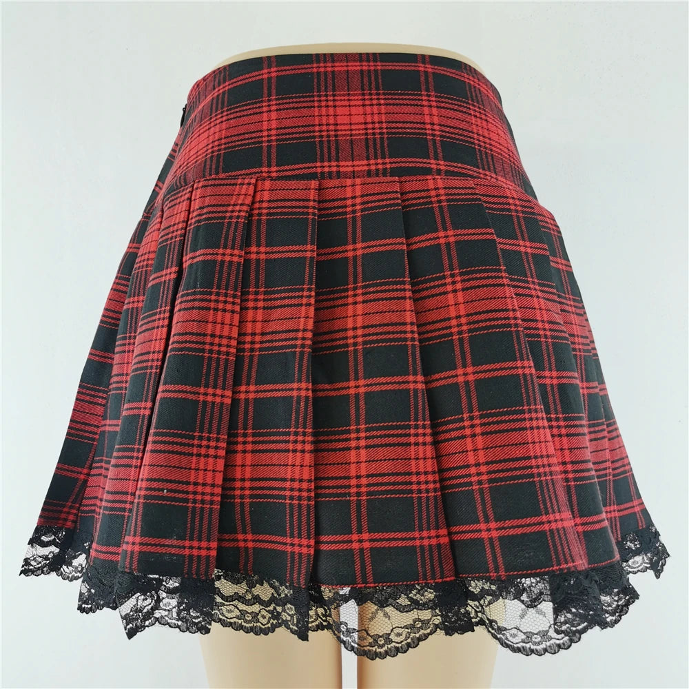 New Contrast Lace Plaid Pleated Skirt Vintage Sexy Skater Clothes Harajuku Gothic Punk England Style Y2k Skirt