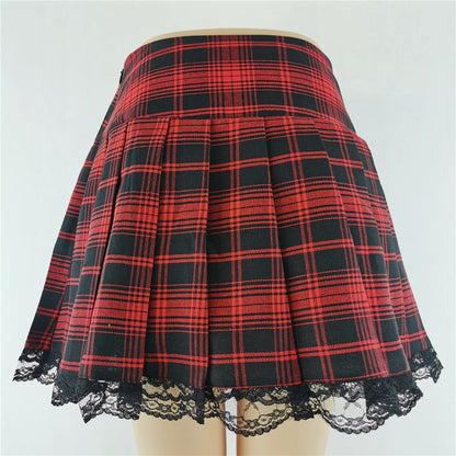New Contrast Lace Plaid Pleated Skirt Vintage Sexy Skater Clothes Harajuku Gothic Punk England Style Y2k Skirt