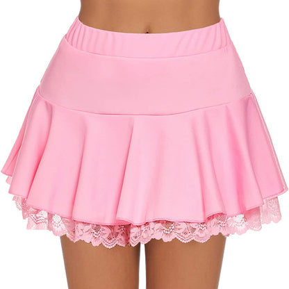Women's Pleated Mini Skirt High Elastic Waist Lace Ruffles Short Skirt Party Street Sports Flared A-Line Skirts Solid Color