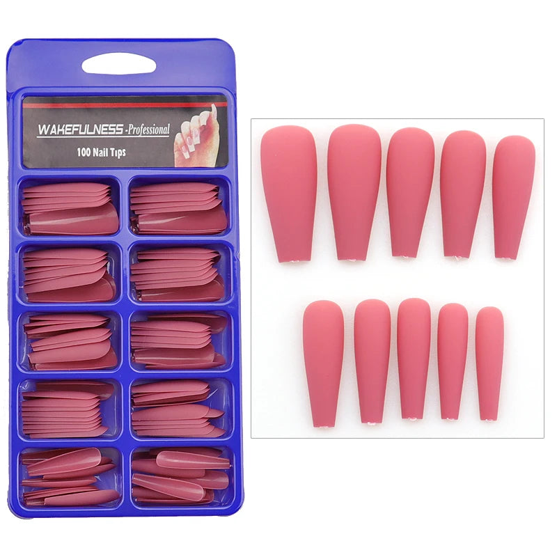 WAKEFULNESS 100Pcs/Set Matte Fake Nail Art Tips Long Ballerina Coffin Nails ABS Full Cover Fasle Nails Tools Manicure 583