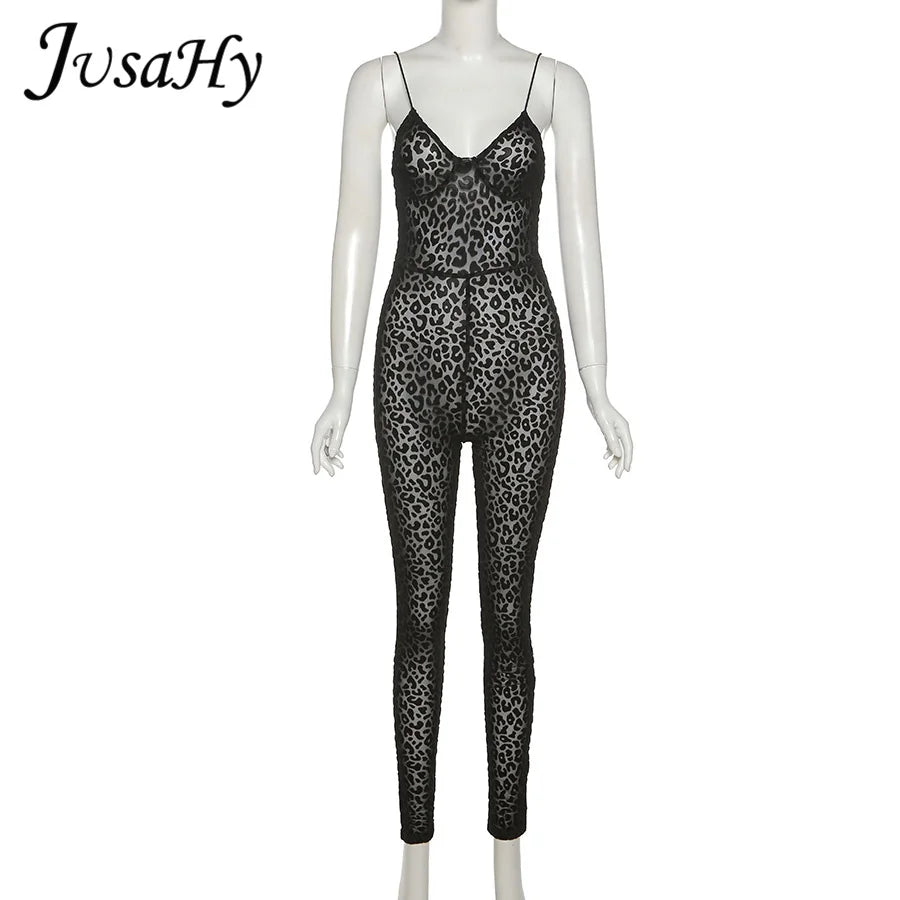 JuSaHy Leopard Print Flocking Jumpsuit for Women Fashion Sleeveless Backless Body-Shaping Casual High Streetwear Female Outfits