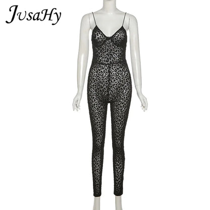 JuSaHy Leopard Print Flocking Jumpsuit for Women Fashion Sleeveless Backless Body-Shaping Casual High Streetwear Female Outfits