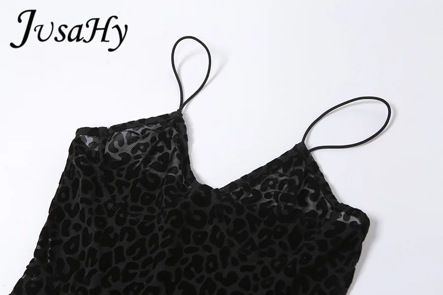 JuSaHy Leopard Print Flocking Jumpsuit for Women Fashion Sleeveless Backless Body-Shaping Casual High Streetwear Female Outfits