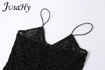 JuSaHy Leopard Print Flocking Jumpsuit for Women Fashion Sleeveless Backless Body-Shaping Casual High Streetwear Female Outfits