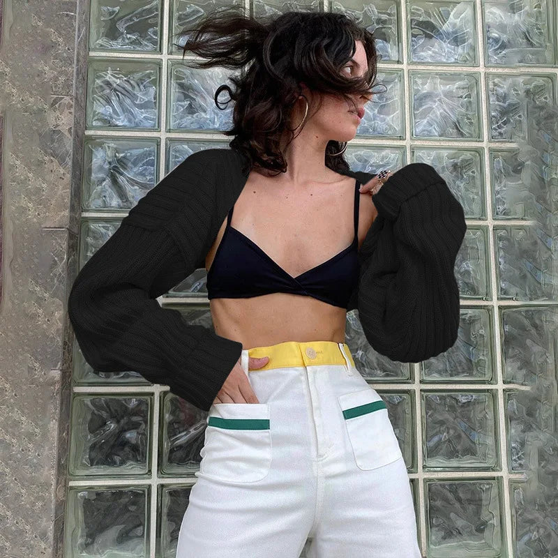 Tossy White Women Sweater Shrugs Cropped Top Full Lantern Sleeve Knitwear Pullover Sexy Summer High Street Outwear 2023 Spring