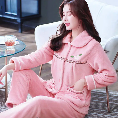 Autumn Winter Thicken Flannel Women Pajamas Set Two-piece suit Warm Loose Long-sleeve Female Casual Home service Single-breasted flowers pink A