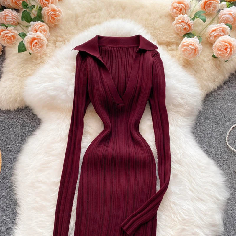 SINGREINY Women Korean Knitted Dress Long Sleeve V Neck Elastic Slim Pencil Dresses 2021 Autumn Sexy Bodycon Split Sweater Dress