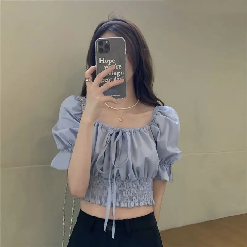 Off Shoulder Lace Up Bow Crop Top Blouse Women Summer Shirring Puff Short Sleeve Female Shirts Sweet Ruffle Tunic Korean Fashion