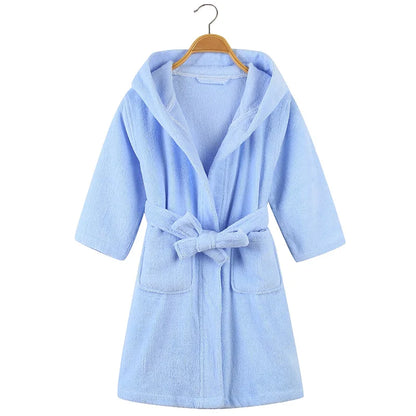 100% Cotton Toweling Terry Robe Kids Cartoon Robe Boy&Girls Hooded Robe Winter Warm Bathrobe Soft Sleeprobe Kids Casual Homewear light blue Hooded