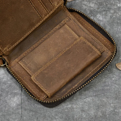 2023 New Short Wallet Men Women Vintage Fashion Card Holder Zipper Coin Purse Crazy Horse Leather Mens Slim Zipper Purse Wallet