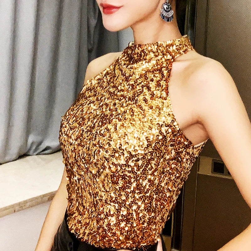 Sequins Women Fashion Shimmer Flashy Embellished High Quality Halter Neck Sleeveless Vest Sexy Tank Top Clubwear Stage Perform